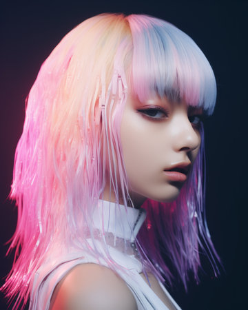 an image of a girl with pink and blue hairの素材