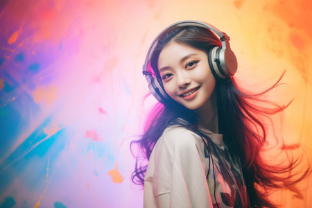 asian girl wearing headphones and smiling in front of colorful backgroundの素材