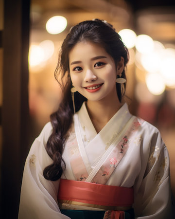 beautiful asian woman in traditional korean clothingの素材