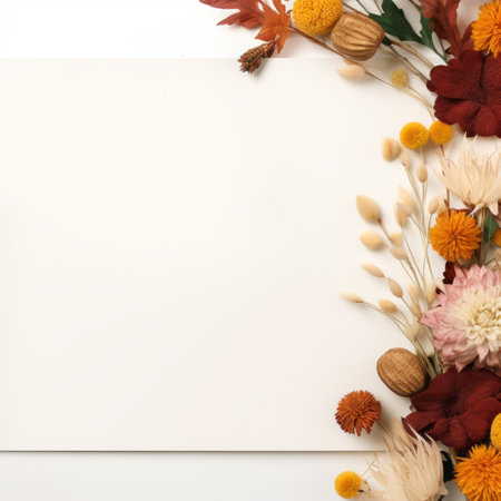 autumn flowers on white background with copy spaceの素材