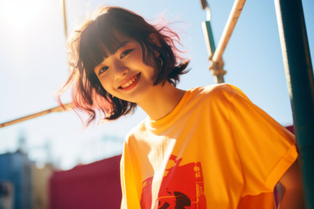 asian woman wearing yellow t-shirt standing in front of a buildingの素材