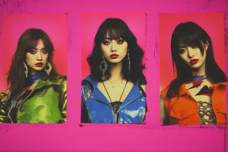 four girls in colorful outfits on a pink wallの素材