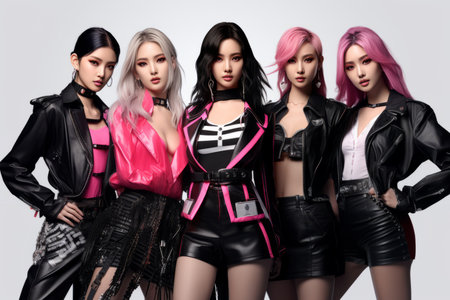 four women in leather outfits posing for a photoの素材