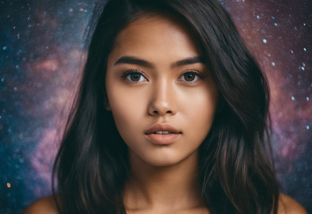 beautiful asian woman with dark hair in front of a galaxy backgroundの素材