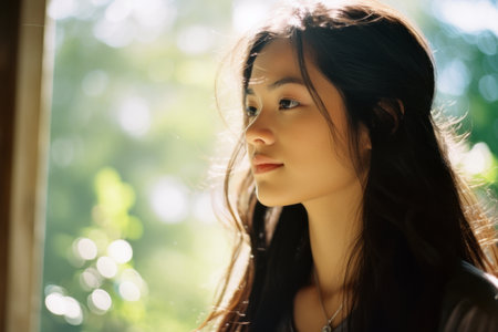 beautiful asian woman looking out the windowの素材