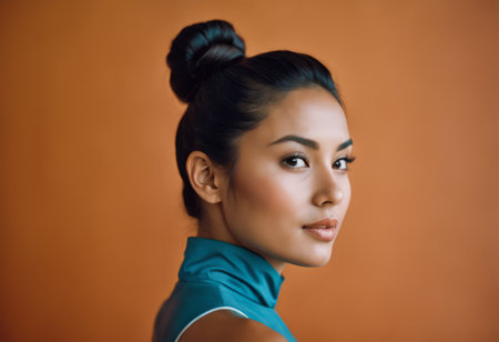 portrait of beautiful asian woman with messy bun on orange backgroundの素材