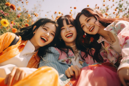 three asian women are smiling in a field of sunflowersの素材