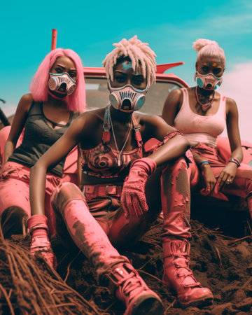 three women in pink outfits sitting next to an old carの素材