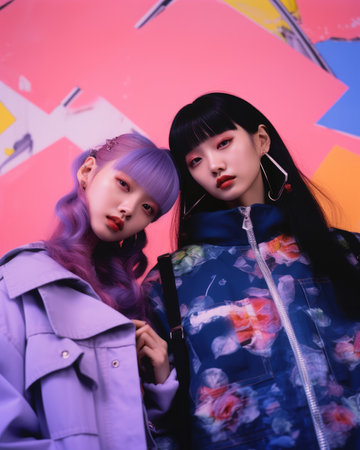 two young women with purple hair standing in front of a colorful wallの素材