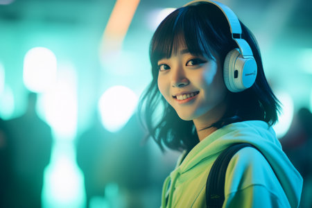 young asian woman wearing headphones and smiling at the cameraの素材