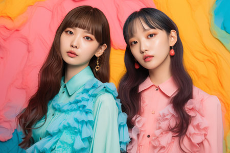 two asian women standing next to each other in front of a colorful backgroundの素材