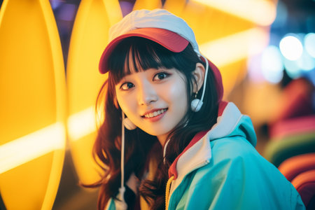 young asian woman wearing headphones and hatの素材