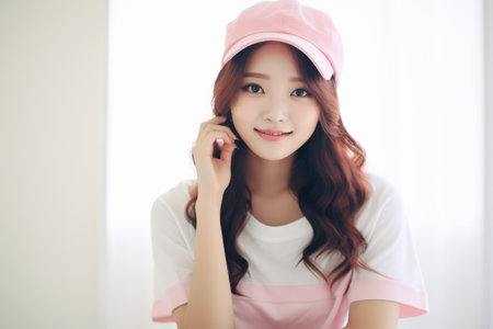 beautiful young asian woman wearing a pink hatの素材