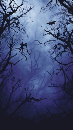 an illustration of a dark forest with trees and birdsの素材