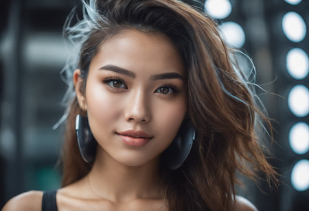 beautiful asian woman with big earringsの素材