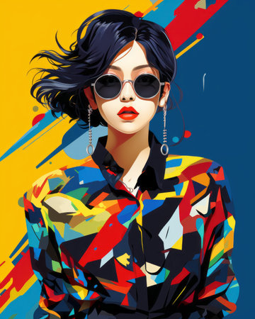 an illustration of a woman wearing sunglasses and a colorful shirtの素材