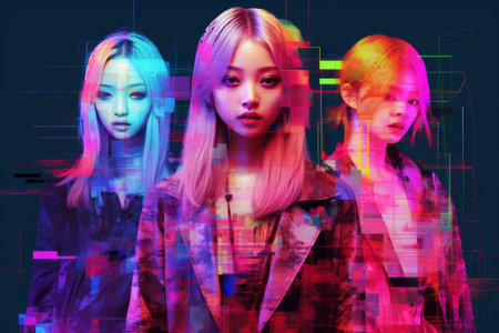 a group of girls with colorful hair standing in front of a black backgroundの素材