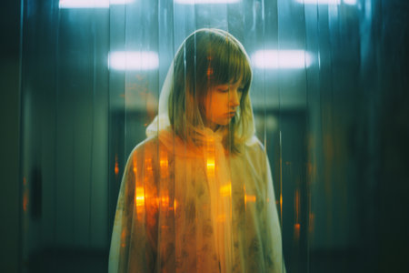 a girl in a white dress standing in an empty hallwayの素材
