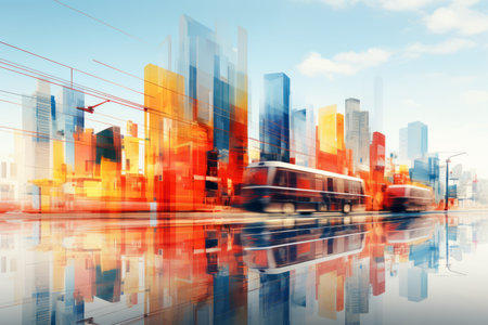 an abstract image of a city street with a bus on itの素材