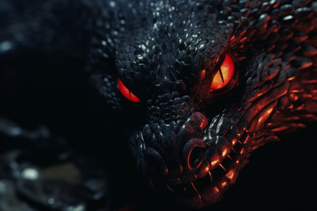 a close up of a dragons face with red eyesの素材