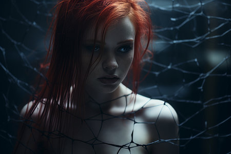 a woman with red hair standing in front of a netの素材