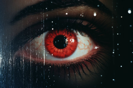 a close up of a womans eye with a red eyeの素材