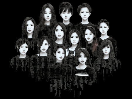 a group of asian women standing in front of a black backgroundの素材