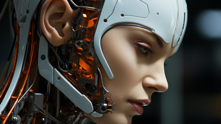 a close up of a woman wearing a robot headの素材