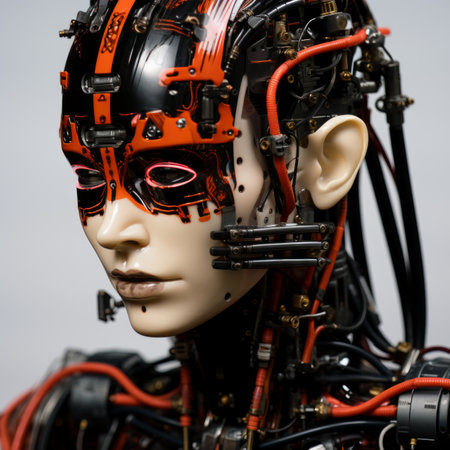 a close up image of a robot with red eyesの素材