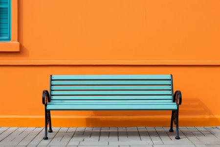 a bench sitting in front of an orange wallの素材