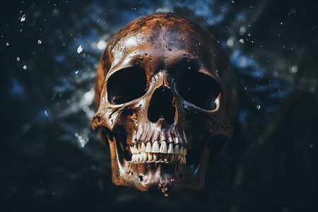 a close up of a skull with water splashing on itの素材