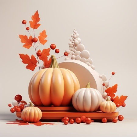 3d illustration of pumpkins and leaves on a tableの素材