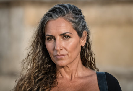a woman with long wavy hair and a black topの素材