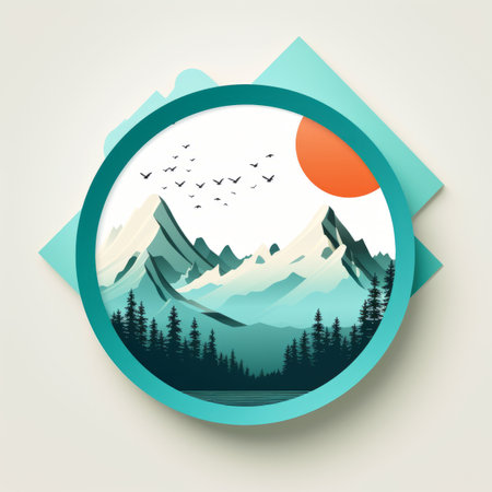 an illustration of a mountain landscape with birds flying over itの素材