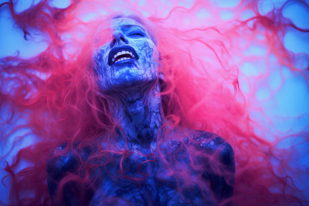 a woman with blue hair and pink hairの素材