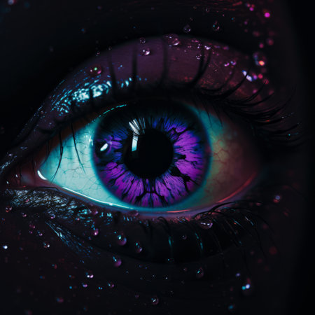 a close up of a purple eye with water droplets on itの素材