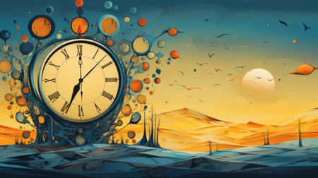 a clock is surrounded by a bunch of birds flying around itの素材