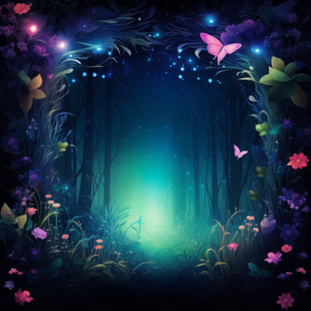 fairy garden with butterflies and flowers in the forest at nightの素材
