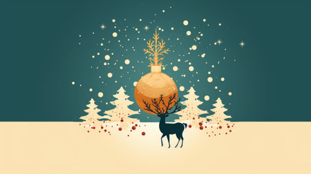 a christmas card with a deer and treeの素材