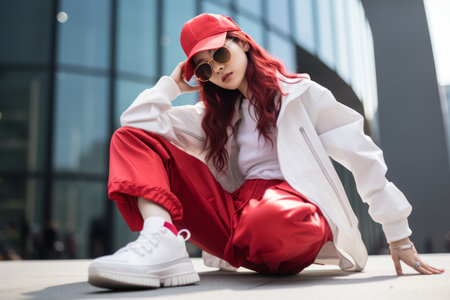 a woman wearing red pants and a white hat sitting on the groundの素材