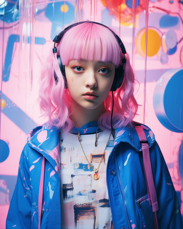 a girl with pink hair wearing headphonesの素材