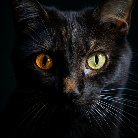 a close up of a black cat with yellow eyesの素材