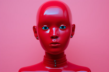 a close up of a red mannequin with blue eyesの素材