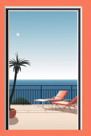 a poster of a view of the ocean from a balconyの素材