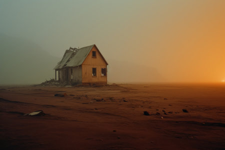 an abandoned house sits in the middle of a foggy fieldの素材