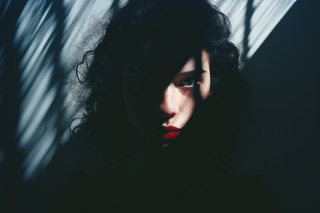 a woman with dark hair and red lipsの素材