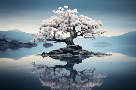 an asian tree is reflected in a lake with mountains in the backgroundの素材