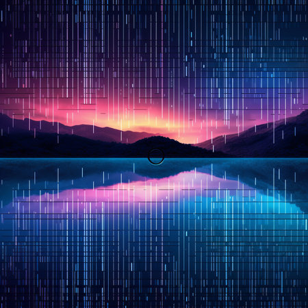 an abstract image of a mountain and water with a colorful sky in the backgroundの素材