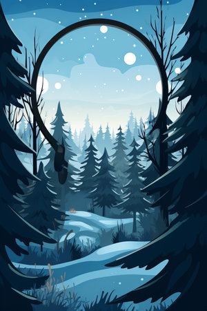 an illustration of a winter forest with trees and snowの素材