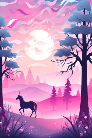 an illustration of a unicorn in the forest at sunsetの素材